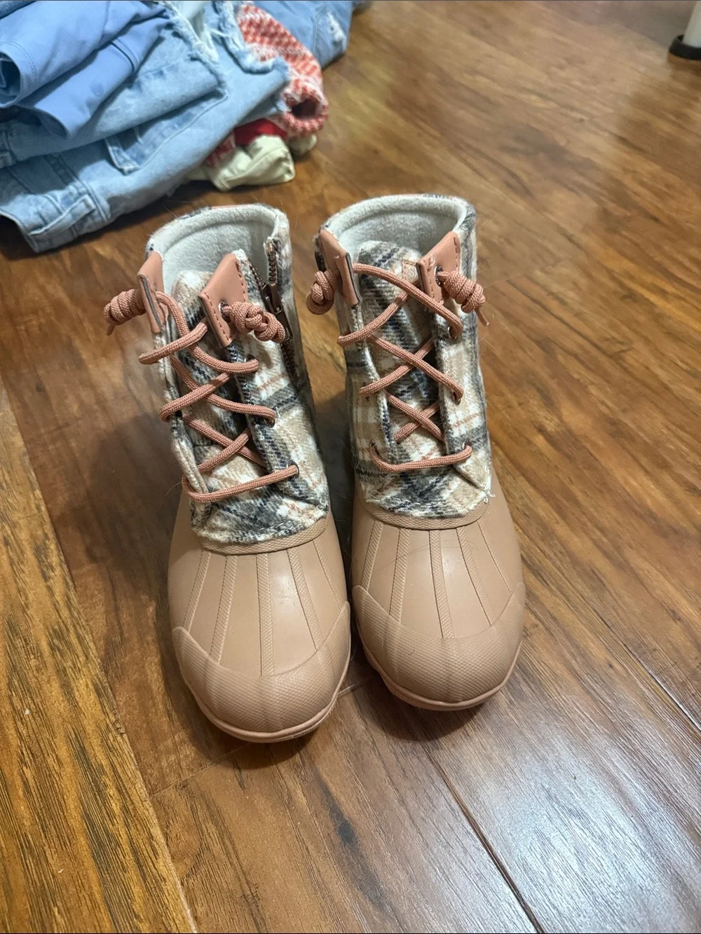Sperry Kids Tan Plaid Duck Rain Boots